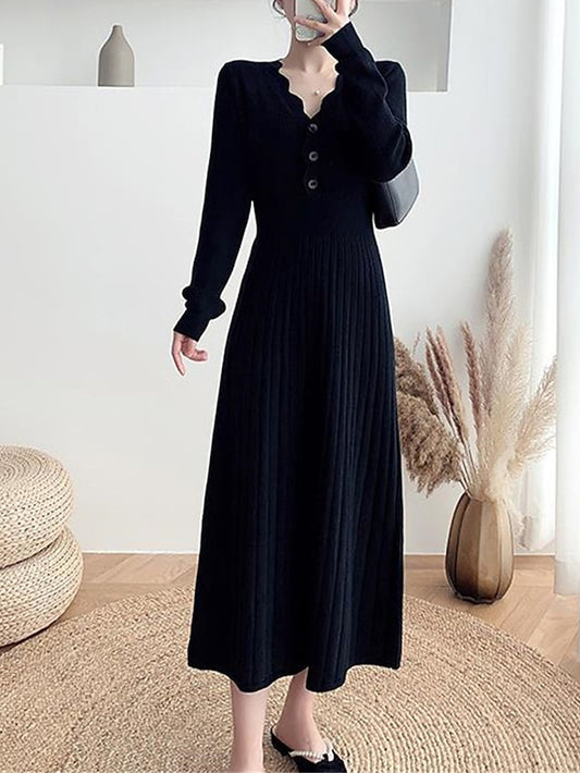 Women's Sweater Dress Knit Dress Jumper Dress Long Dress Maxi Dress Knitwear Fashion Daily Plain Outdoor Casual Holiday Vacation V Neck Long Sleeve Ruched Button 2023 Loose Fit Black White khaki One