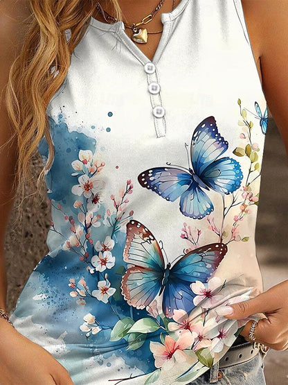 Women's Tank Top Butterfly Daily Print White Sleeveless Vintage Fashion V Neck Summer