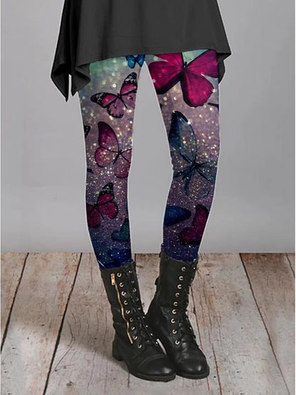 Women's Tights Normal Polyester Flower / Floral Black and Green Black / Red Fashion Mid Waist Full Length Daily