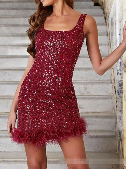 Women's Sequin Dress Party Dress Feather Dress Sequins Shimmer Square Neck Sleeveless Mini Dress Birthday Vacation Wine Summer Spring