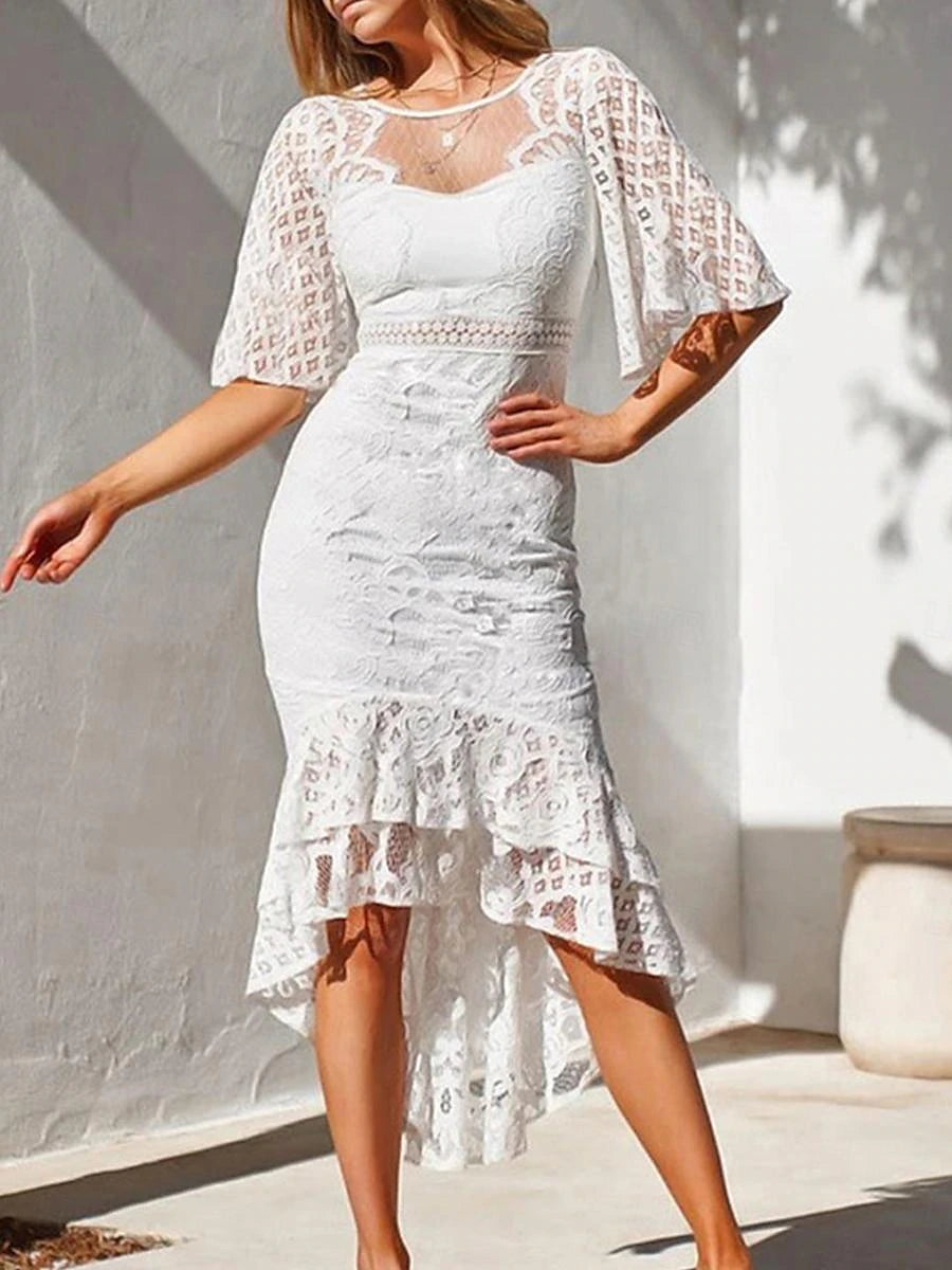 Women's White Lace Wedding Dress Midi Dress Ruffle Asymmetrical Date Vacation Elegant Streetwear Crew Neck Half Sleeve White Burgundy Navy Blue Color