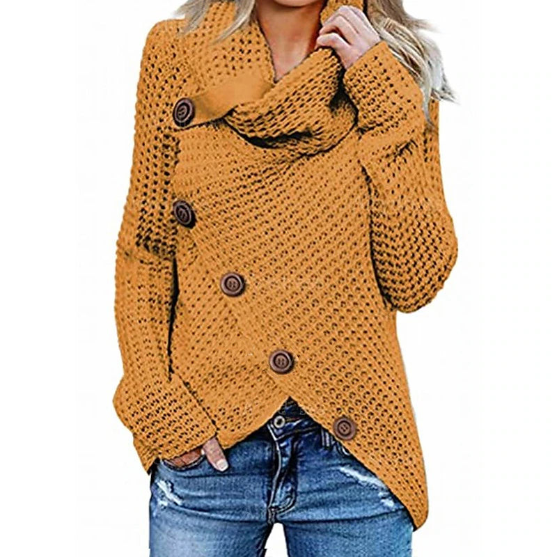 Women's Sweater Knitted Button Solid Color Casual Long Sleeve Regular Fit Sweater Cardigans Turtleneck Fall Winter Dark Yellow Green White