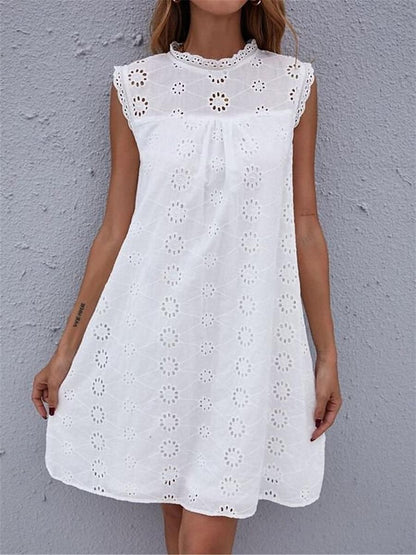 Women's White Dress Lace Dress Casual Dress Mini Dress Lace Patchwork Date Vacation Streetwear Stand Collar Sleeveless White Color