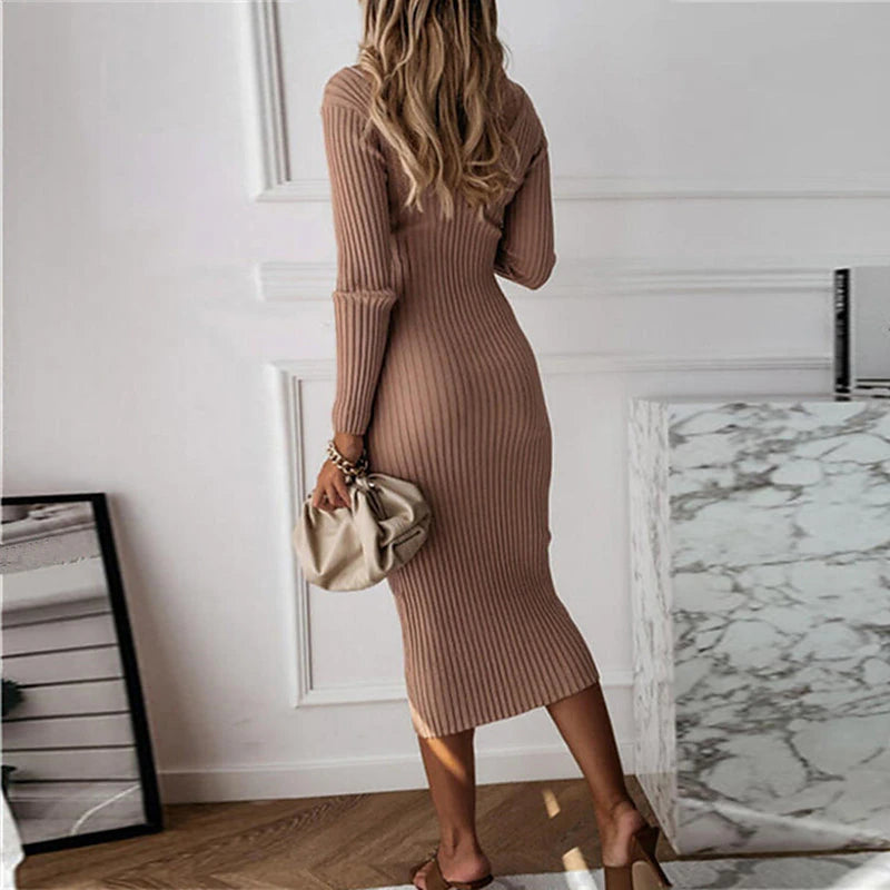 Women's Sweater Dress Jumper Dress Casual Dress Midi Dress Knitwear Fashion Elegant Dress Pure Color Winter Dress Daily Holiday Fall Dress Deep V Long Sleeve Zipper 2023 Regular Fit Black White khaki