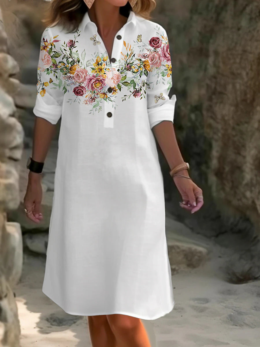 Women's Shirt Dress Casual Dress Cotton Linen Dress Midi Dress Button Pocket Daily Vacation Shirt Collar Long Sleeve Summer Spring Fall White Navy Blue Floral