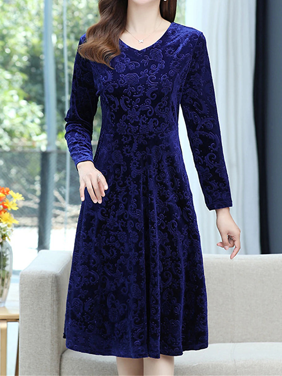 Women's Velvet Dress Casual Dress Swing Dress Midi Dress Pocket Daily Elegant Fashion V Neck Long Sleeve Black Wine Blue Color