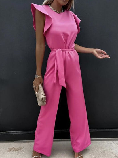 Women's Jumpsuit Lace up Ruffle Solid Color Round Neck Elegant Party Going out Regular Fit Short Sleeve White Blue Pink S M L Spring - LuckyFash™