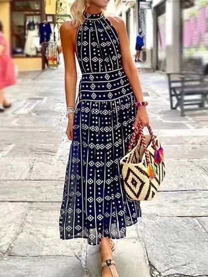 Women's Casual Dress A Line Dress Summer Dress Geometric Print Halter Long Dress Maxi Dress Fashion Streetwear Outdoor Street Sleeveless Loose Fit Navy Blue Summer Spring S M L XL XXL - LuckyFash™