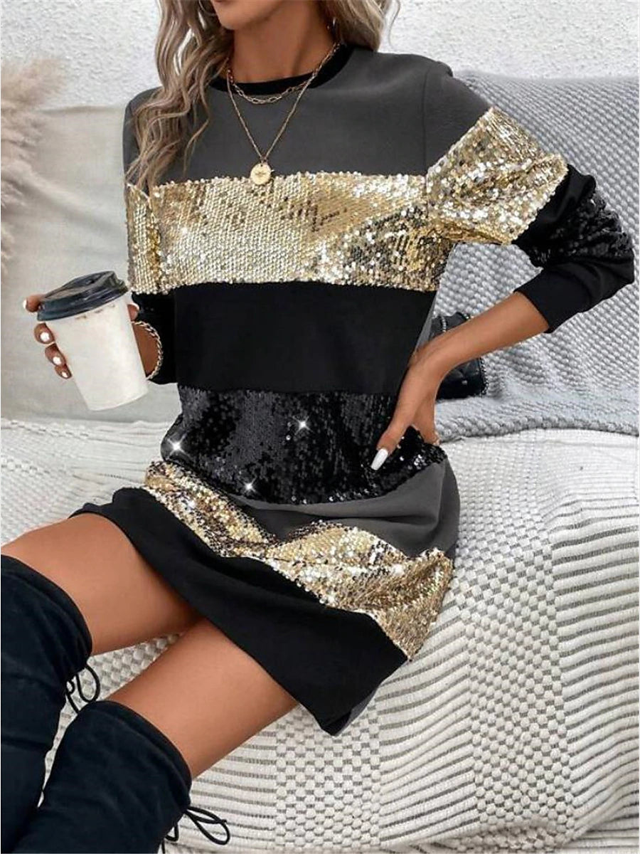 Women's Sequin Dress Party Dress Cocktail Dress Sequins Patchwork Crew Neck Long Sleeve Striped Mini Dress Vacation Formal Pink Gold Spring Winter