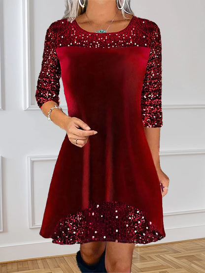 Women's Velvet Dress Sequin Dress Party Dress Velvet Sequins Patchwork Crew Neck Long Sleeve Mini Dress Christmas Wine Spring Winter