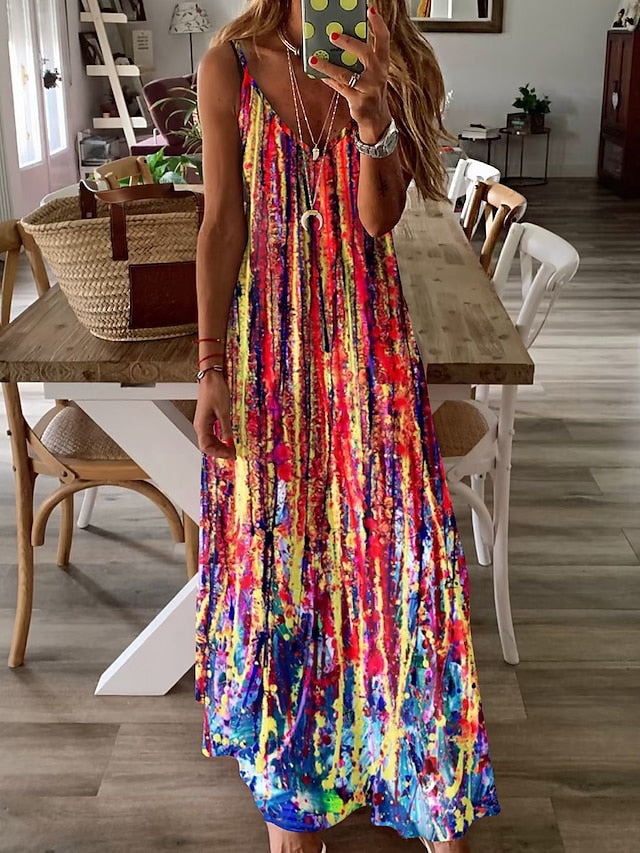 Women's Slip Dress Graphic Print V Neck Maxi long Dress Sleeveless Summer