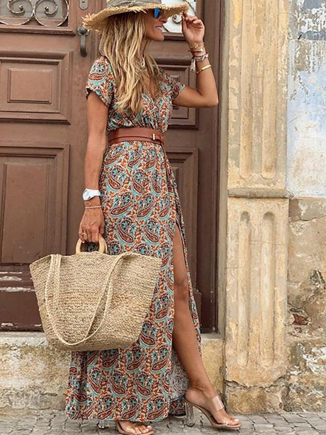 Women's Wrap Dress Maxi long Dress Red Brown Short Sleeve Floral Print Split Ruffle Boho Dress Spring Summer Dress V Neck Elegant Vintage 2023 S M L XL XXL 3XL - LuckyFash™