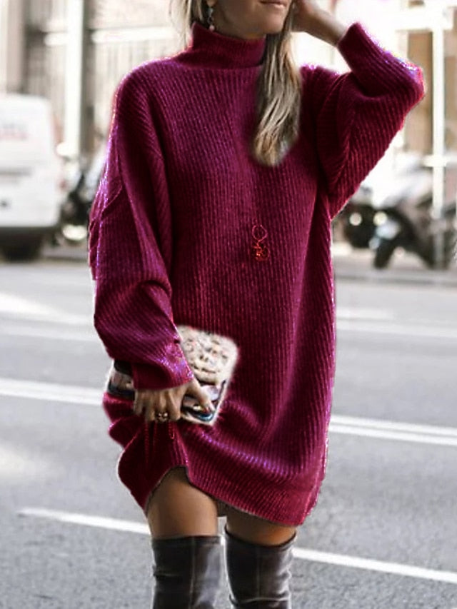 Women's Sweater Dress Knit Dress Jumper Dress Mini Dress Knitwear Warm Basic Pure Color Outdoor Winter Dress Birthday Date Turtleneck Long Sleeve Knit 2023 Loose Fit Yellow Wine Red S M L XL XXL 3XL