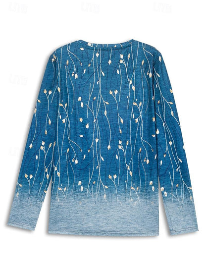 Women's T shirt Tee Floral Holiday Weekend Print Blue Long Sleeve Elegant Fashion Basic Round Neck Fall & Winter