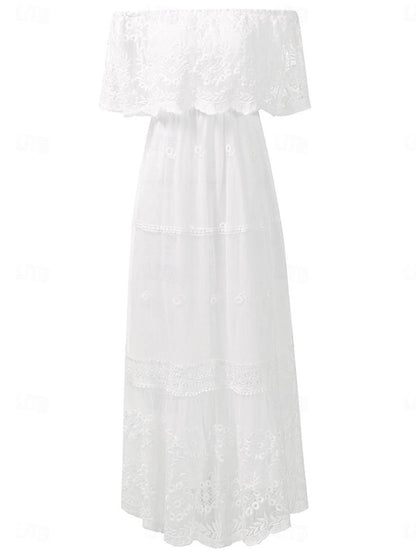 Women's White Lace Wedding Dress Boho Chic Dresses Boho Wedding Guest Dress Long Dress Maxi Dress with Sleeve Date Vacation Maxi A Line Off Shoulder Half Sleeve White Color