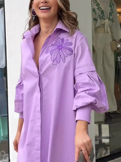 Women's Shirt Dress Casual Dress Shift Dress Maxi long Dress Outdoor Office Daily Cotton Fashion Modern Shirt Collar Button Pocket 3/4 Length Sleeve Summer Spring Fall 2023 Loose Fit Purple Floral S