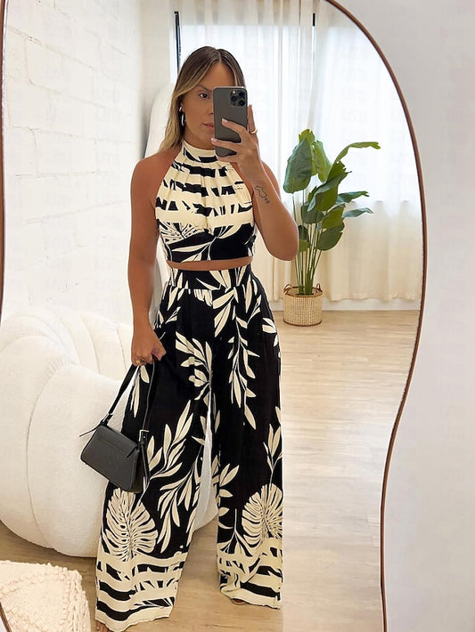 Women's Two Piece Dress Set Casual Dress Print Dress Date Vacation Casual Boho Print Long Dress Maxi Dress Halter Neck Sleeveless Tree Regular Fit Black Khaki Summer Spring S M L XL