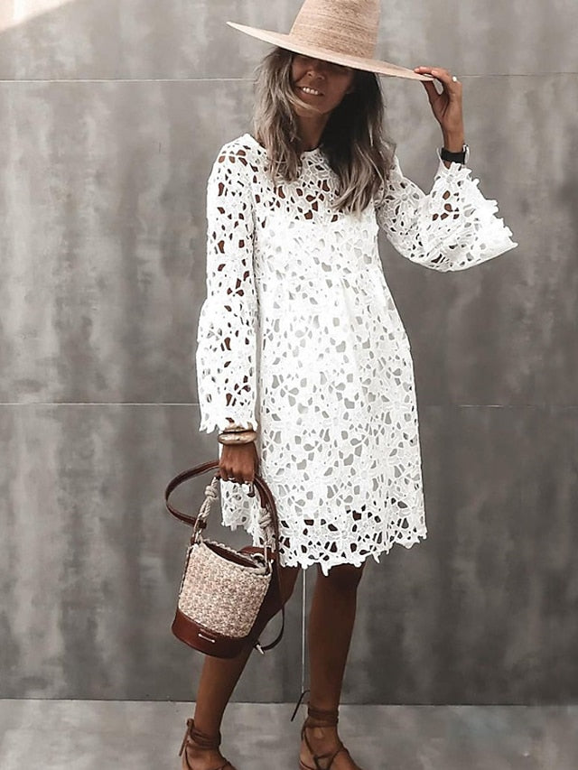 Women's Sheath Dress Mini Dress White Red Long Sleeve Solid Color Lace Hollow To Waist Spring Summer Round Neck Elegant Romantic Flare Cuff Sleeve 2023 S M L XL XXL - LuckyFash™