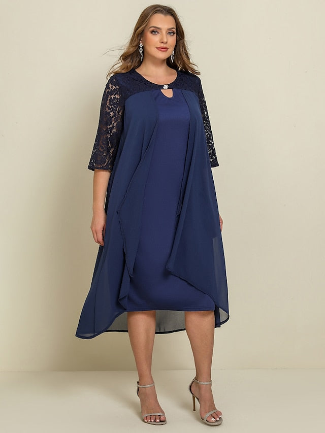 Women‘s Plus Size Curve Work Dress Chiffon Dress Swing Dress Long Dress Maxi Dress 3/4 Length Sleeve Lace Layered V Neck Outdoor Summer Spring Wedding Guest Dress