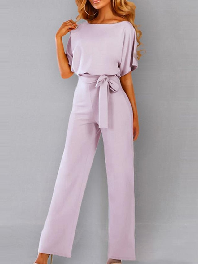 Women's Belted Jumpsuit Long Wide Leg Pant Party Romper Jumpsuits Casual Loose Short Sleeve Playsuits with Belts - LuckyFash™