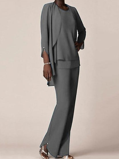 Jumpsuit / Pantsuit Mother of the Bride Dress Elegant V Neck Floor Length Chiffon 3/4 Length Sleeve with Ruffles 2023 - LuckyFash™