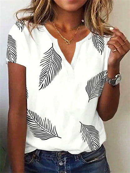 Women's T shirt Tee Henley Shirt Leaf Holiday Weekend Print White Short Sleeve Basic V Neck