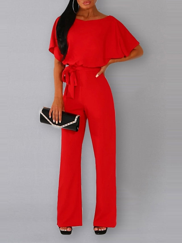 Women's Belted Jumpsuit Long Wide Leg Pant Party Romper Jumpsuits Casual Loose Short Sleeve Playsuits with Belts - LuckyFash™