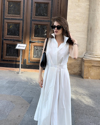 Women's Shirt Dress Swing Dress Maxi Dress Cotton Linen Button Pocket Elegant Solid Shirt Collar Sleeveless Summer Spring White