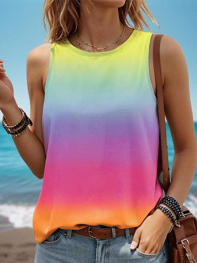 Women's Tank Top Gradient Pink Yellow Beach Palm Tree Graphic Print Casual Vacation Sleeveless Tropical Crew Neck Summer