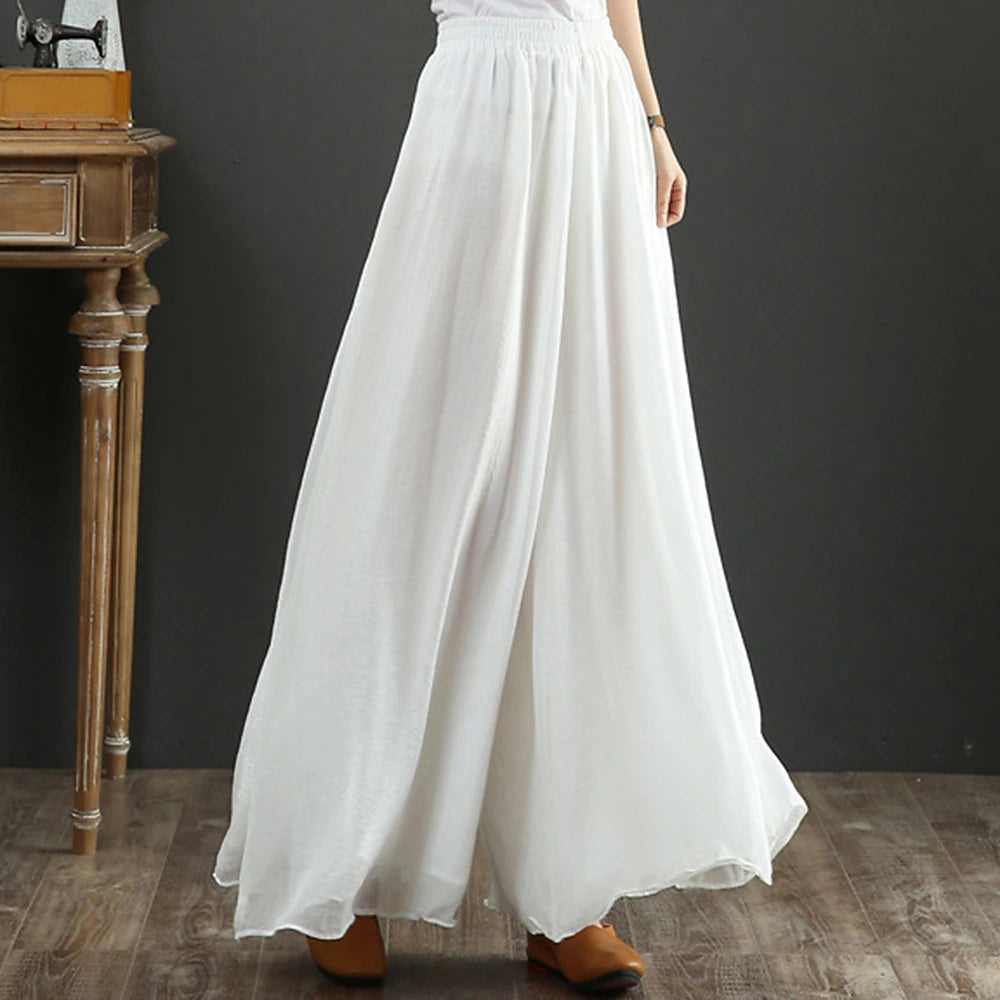 Women's Wide Leg Faux Linen Solid Colored Black White Fashion Full Length Casual Daily