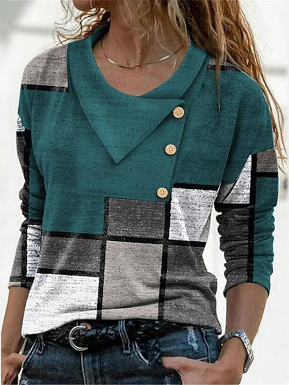 Women's T shirt Tee Geometric Abstract Casual Weekend Button Print Red Long Sleeve Daily Basic Pile Neck V Neck Fall & Winter