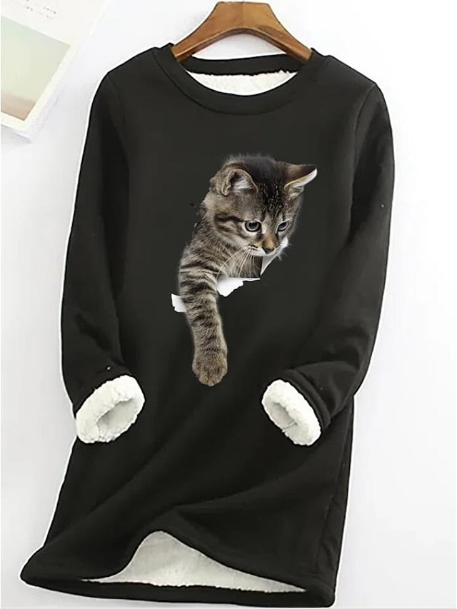 Women's Sweatshirt Pullover Sherpa Fleece Teddy Denim Blue Black White Cat Street Round Neck Plus Size Long Sleeve - LuckyFash™