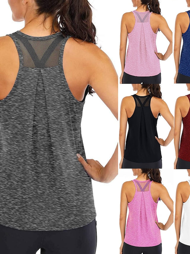 Women's Yoga Top Patchwork Racerback Light Blue Black Mesh Fitness Gym Workout Running Tank Top T Shirt Sport Activewear 4 Way Stretch Breathable Moisture Wicking High Elasticity Loose Fit - LuckyFash™