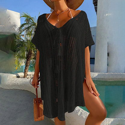 Women's Swimwear Cover Up Beach Dress Normal Swimsuit UV Protection Modest Swimwear Lace up Knit Pure Color Black Dusty Blue Beige V Wire Bathing Suits New Vacationy / Modern