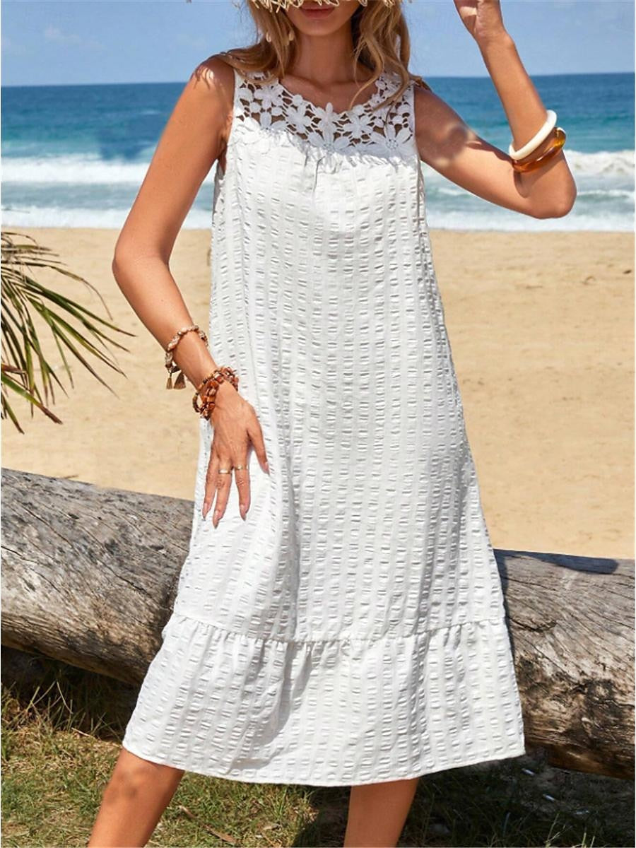 Women's White Dress Casual Dress Tank Dress Midi Dress Lace Patchwork Date Vacation Beach Streetwear Crew Neck Sleeveless White Yellow Dark Blue Color