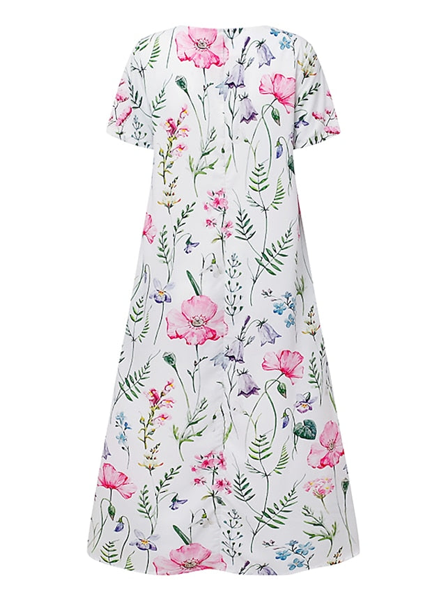 Women's Casual Dress T Shirt Dress Tee Dress Shift Dress Midi Dress White Yellow Pink Short Sleeve Floral Print Summer Spring V Neck Basic Vacation Summer Dress Spring Dress 2023 S M L XL XXL 3XL - LuckyFash™
