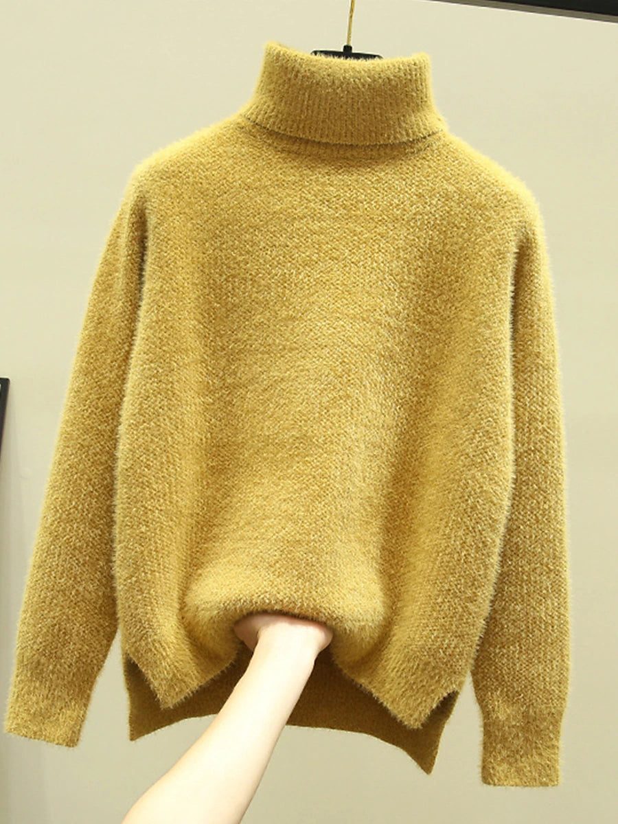 Women's Pullover Sweater Jumper Turtleneck Ribbed Knit Polyester Split Fall Winter Regular Outdoor Daily Going out Stylish Casual Soft Long Sleeve Solid Color White Yellow Pink One-Size