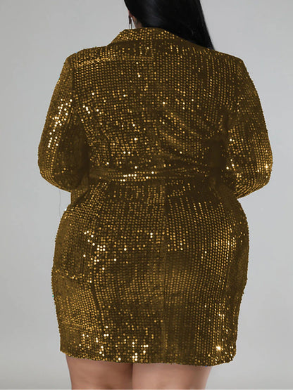 Women's Plus Size Curve Easter Dress Gold Sequin Dress Blazer Party Dress Solid Color Shirt Collar Long Sleeve Spring Fall Fashion Hot Formal Mini Dress Blue Red Dress