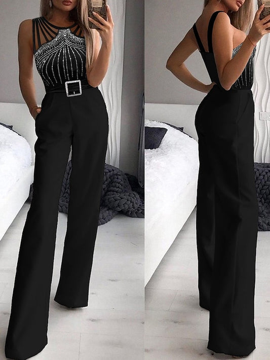 Women's Jumpsuit Pocket Beaded Polka Dot Crew Neck Elegant Party Going out Regular Fit Sleeveless Black S M L Spring - LuckyFash™