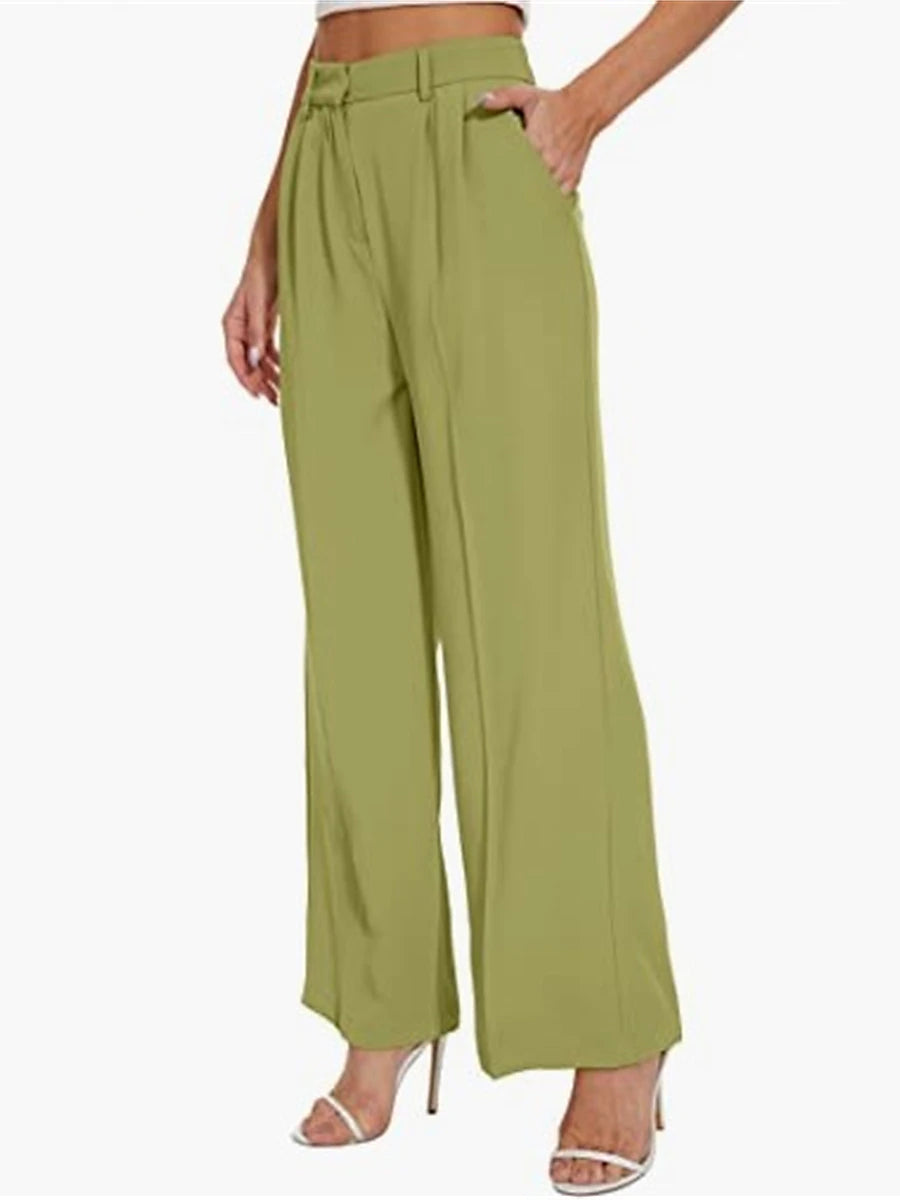 Women's Dress Pants Polyester Solid Color Light Blue Ivory white Elegant High Waist Full Length Office Street Fall Winter