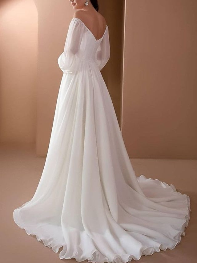 Beach Vintage Wedding Dresses A-Line Off Shoulder Long Sleeve Court Train Chiffon Bridal Gowns With Pleats Beading 2023 Summer Wedding Party, Women's Clothing - LuckyFash™