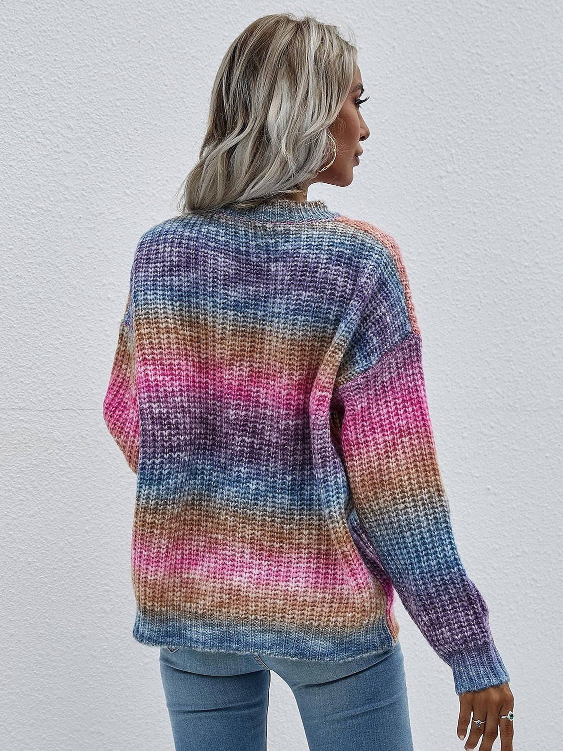 Women's Pullover Sweater Jumper Pullover Jumper Crew Neck Chunky Knit Nylon Acrylic Knitted Drop Shoulder Fall Winter Daily Holiday Going out Stylish Casual Long Sleeve Color Block Rainbow Purple