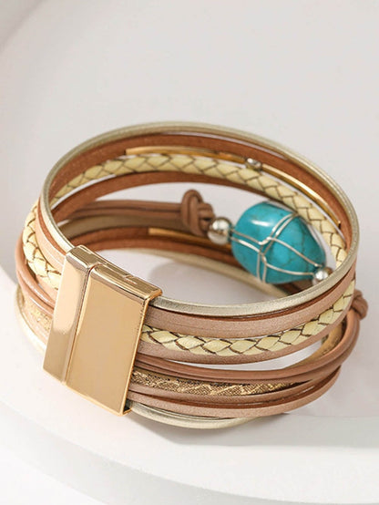 Khaki Multi-layer Leather Turquoise Beaded Bracelet