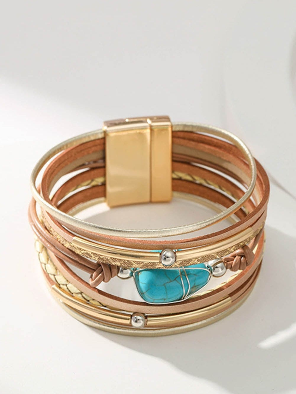 Khaki Multi-layer Leather Turquoise Beaded Bracelet