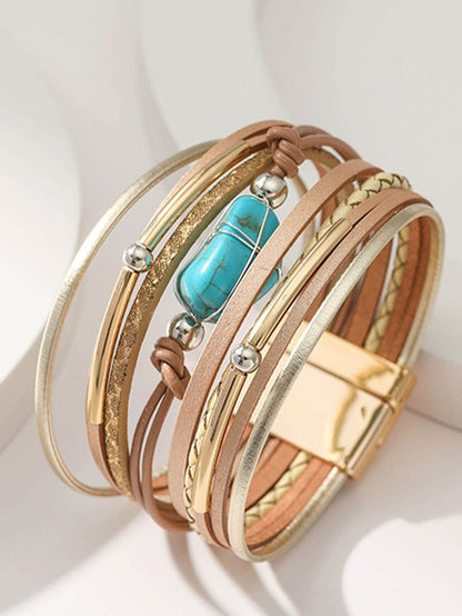 Khaki Multi-layer Leather Turquoise Beaded Bracelet