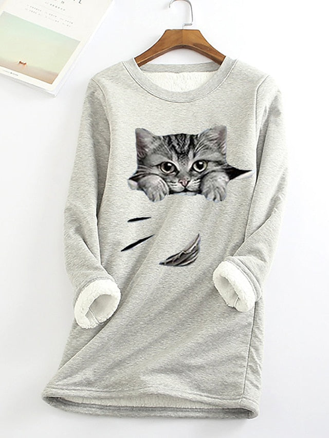 Women's Sweatshirt Pullover Sherpa Fleece Teddy Denim Blue Black White Cat Street Round Neck Plus Size Long Sleeve - LuckyFash™