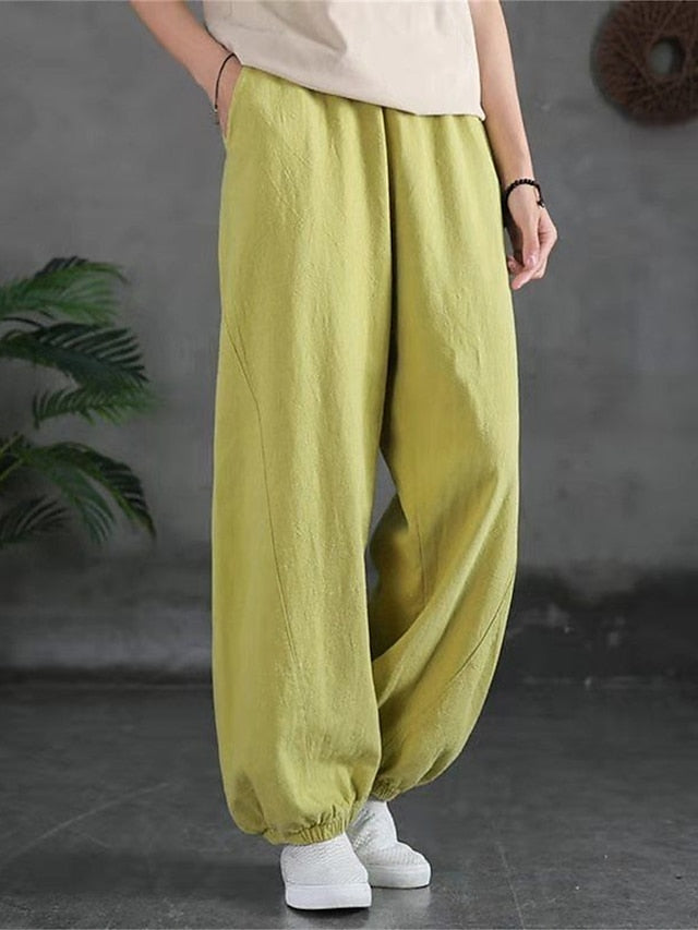 Women's Sweatpants Linen Cotton Blend Plain Light Yellow Black Vacation High Waist Full Length Street Daily Fall Winter