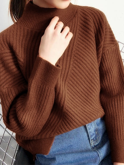 Women's Pullover Sweater Jumper Stand Collar Ribbed Knit Spandex Yarns Patchwork Split Fall Winter Regular Outdoor Daily Going out Stylish Casual Soft Long Sleeve Solid Color Black White Yellow