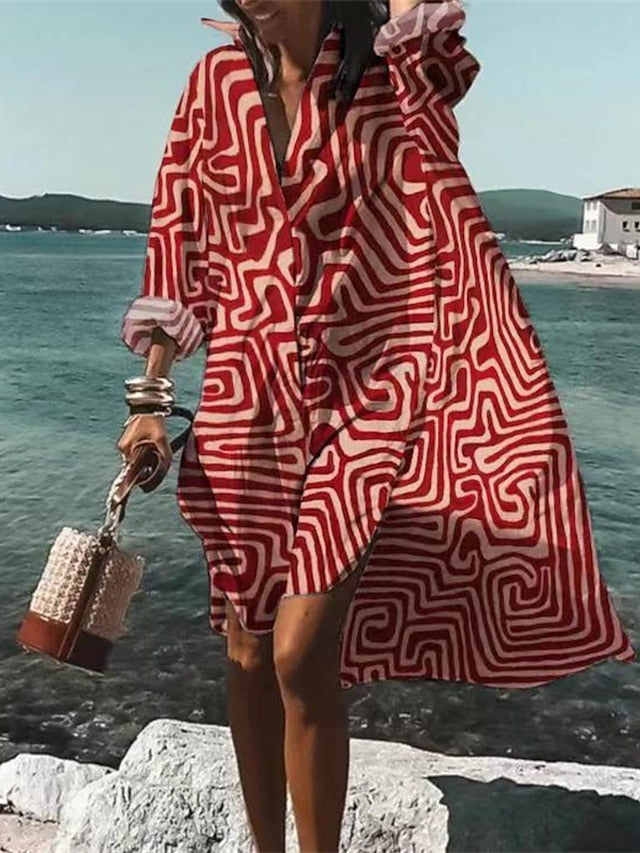 Women's Shirt Dress Casual Dress Swing Dress Midi Dress Daily Holiday Vacation Polyester Stylish Modern Shirt Collar High Low dress Print Long Sleeve Summer Spring 2022 Loose Fit Black Red Blue