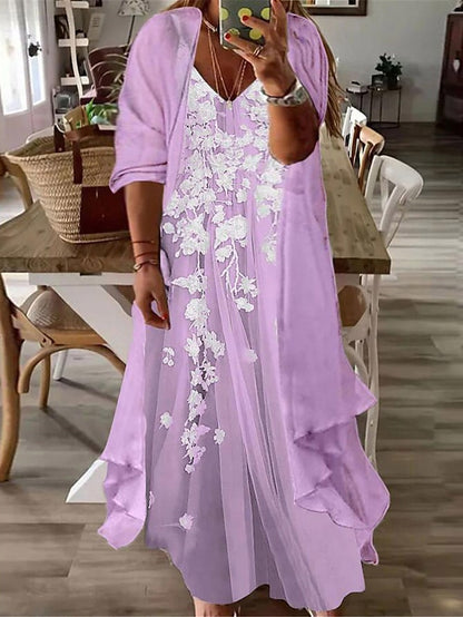 Women‘s Plus Size Curve Casual Dress Dress Set Two Piece Dress Floral Long Dress Maxi Dress 3/4 Length Sleeve Print V Neck Fashion Daily Pink Blue Spring Summer L XL XXL 3XL